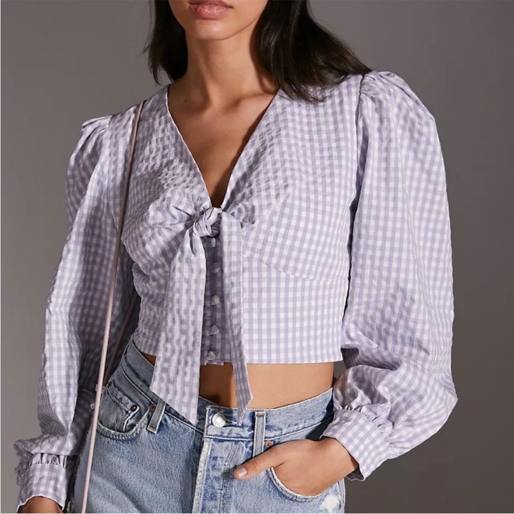 Anthropologie Lilac Checkered Puff Sleeve Blouse